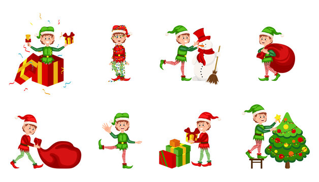 Collection of Christmas elves isolated on white background. Christmas elf in different positions. Santa Claus helpers cartoon, cute dwarf elves fun characters, santas helper