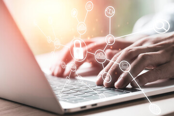 Businessman  input security password to access to laptop computer. Security and technology concept.