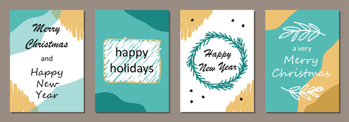 Set of Merry Christmas and Happy New Year card template. Hand drawn textures, lettering. Golden metallic, black, white colors. Holiday greetings. EPS10 vector.