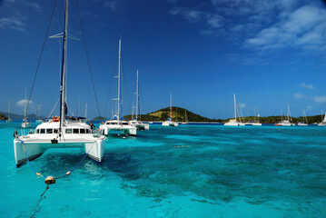 Katamarany kotwiczące na Karaibskich wyspach Grenadynach w słoneczny dzień.  © Przemek