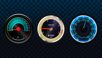 Speedometer indicators. Dashboard panel for transport automobile illustration. Automobile digital odometer indicator display technology for racing game vector isolated icons