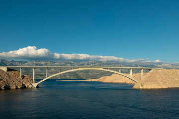 Bridge to the island of Pag, a Croatian island in the Adriatic Sea and connected by the bridge with the mainland. View on a Pag bridge from an old fortress