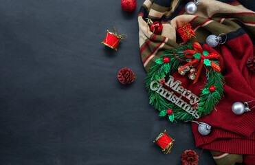 christmas and happy new year background with festive decoration and copy space. top view. flat lay