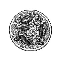 Ink sketch of seafood pizza.