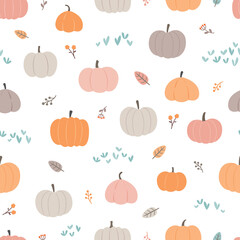 Pretty autumn pumpkin seamless vector pattern using pastel colors. Halloween and Thanksgiving vector  for giftware and textiles.