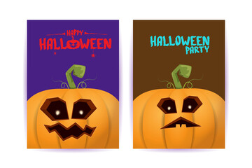 Halloween vertical cartoon posters set with Halloween scary pumpkins . Funky kids Halloween background with space for text