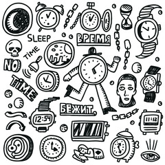 Time ,clock - doodle set , pencil drawing