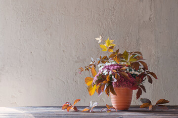 beautiful autumnal composition on wooden table on background white wall
