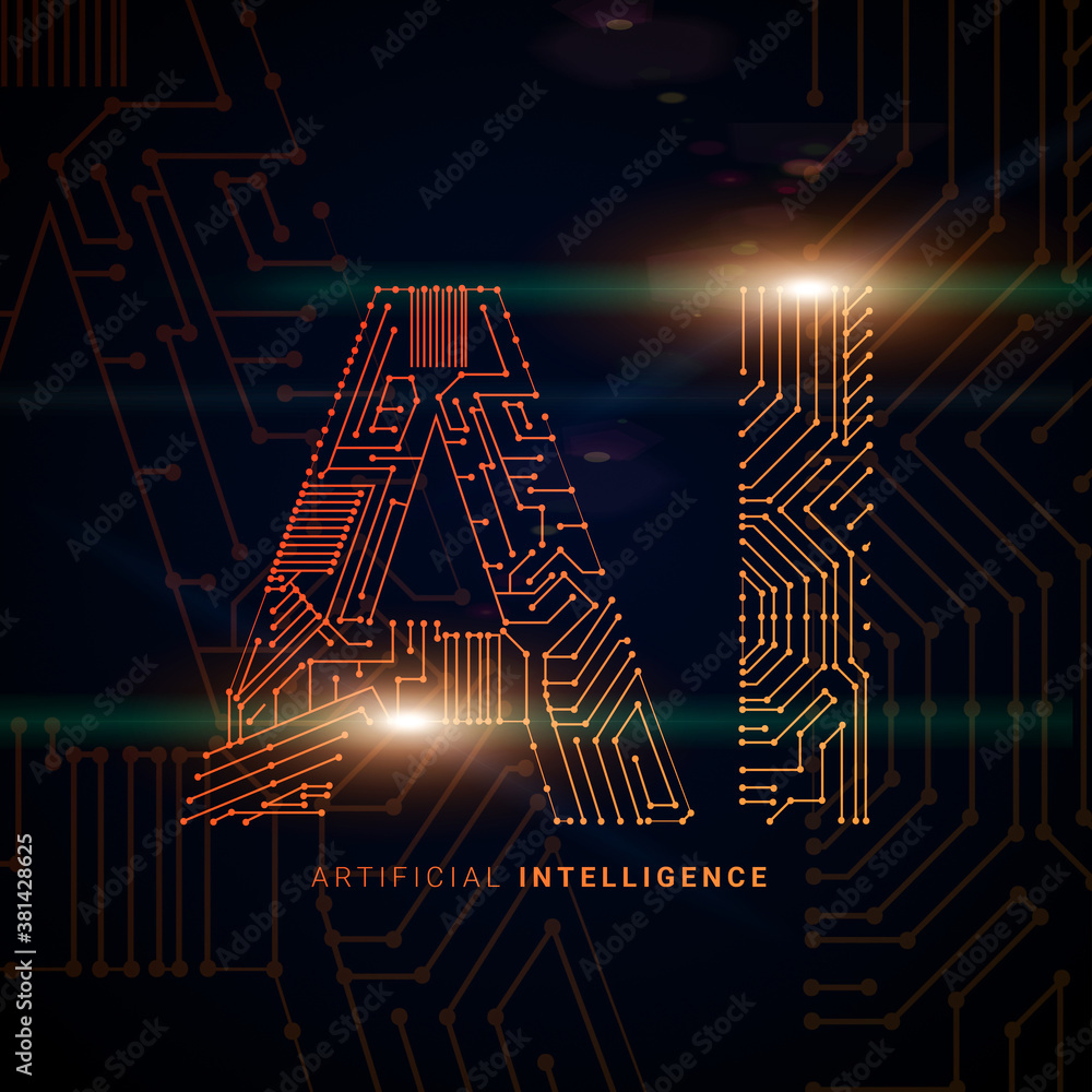 Poster artificial intelligence technology concept illustration with ai lettering in microcircuit style