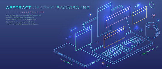 Remote online coding, research and application development concept for business technology, engineering and innovations design. Eps10 vector illustration