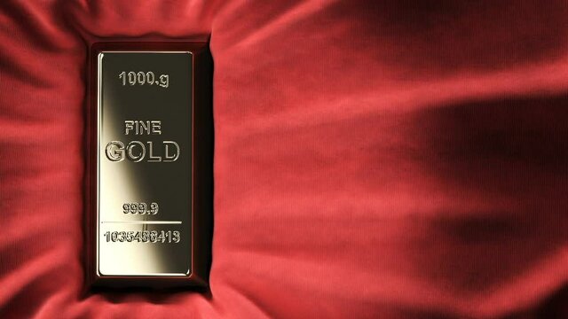 a gold bar on red cloth emerges from the darkness Background for brand presentation