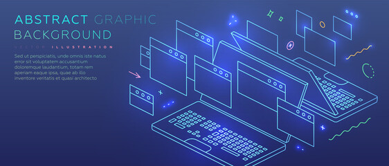 Remote online coding, research and application development concept for business technology, engineering and innovations design. Eps10 vector illustration