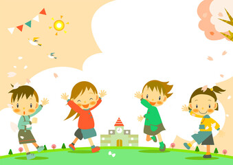 Obraz na płótnie Canvas 性別に関わらず好きな格好をして笑顔で遊ぶ子供たちと学校の風景フレーム　ジェンダーレス