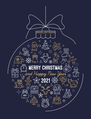 2021 New year and Christmas. Holiday postcard or banner with a Christmas toy ball and a bow with an outline icons set. Chinese year of the Ox. Vector illustration on a dark blue background.