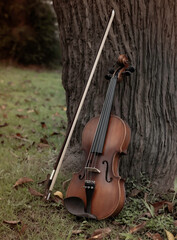 Violin and bow against on trunk tree,in a park,plenty of dried leaves around,show detail of acoustic instrument,blurry light around