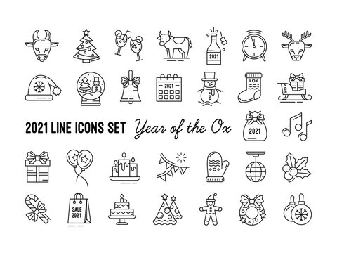 Vector set of icons for New year 2021 and Christmas. Chinese year of the Ox. Outline silhouette is black on a white background. Bull, deer, champagne, candles, gift and sale.