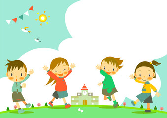 Fototapeta na wymiar 性別に関わらず好きな格好をして笑顔で遊ぶ子供たちと学校の風景フレーム