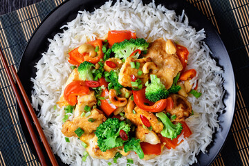 Cashew chicken with vegetables stir-fry, top view