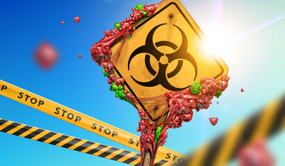 Covid-19 virus warning road sign with biohazard symbol and caution stop tape for Coronavirus outbreak danger concept background. Eps10 vector illustration
