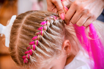  girl braids with pink strands, hair, hairdresser - obrazy, fototapety, plakaty