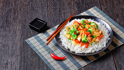 Cashew chicken with vegetables stir-fry, top view