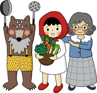 Cartoon of group set of main character of little red riding hood prepare ingredient and tool for cooking. Simple cute hand draw line vector and minimal icons flat style character illustration.
