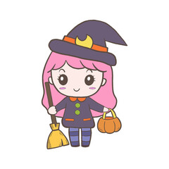 Halloween cute girl fancy witch with dress on white silhouette for cut file. Doodle nursery decoration, cartoon character great for child greeting card and any design. Vector illustration of kid art.