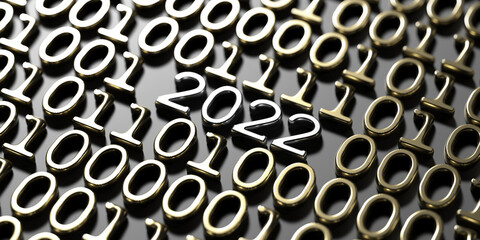 2022 new year digits on golden binary code technology background. 3d illustration