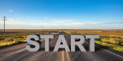 Start, beginning concept. Text sign on a long straight road, blue sky background. 3d illustration