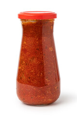Tomato sauce jar on white background