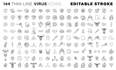 Fototapeta na wymiar Thin line virus icons set including coronavirus cell, prevention, symptoms, safety, stay home, pneumonia, pills, hand washing, disinfection, contactless quadrocopter drone delivery and remote working.