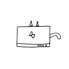 Sketch of a cat with an open laptop and the cat's ears sticking out from behind it