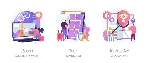 Obraz premium Sightseeing adventure planning metaphors. Smart tourism system, tour navigator, interactive city quest. Abroad country active recreation. Vector isolated concept metaphor illustrations.