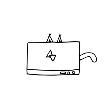 Sketch of a cat with an open laptop and the cat's ears sticking out from behind it