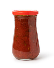 Tomato sauce jar on white background