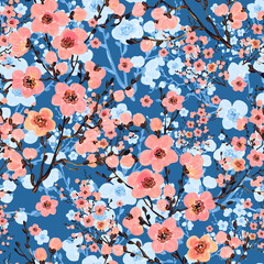 Beautiful floral seamless pattern painted by paints spring branches