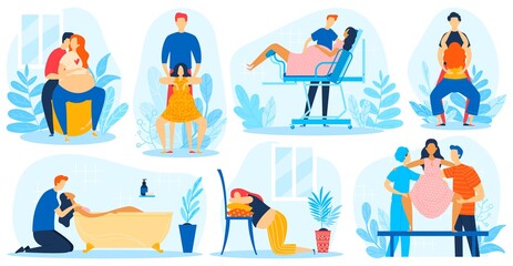 Childbirth poses vector illustration flat set. Cartoon pregnant woman position during birth of child, husband character helping wife in hospital, gym or bath, pregnancy baby course isolated on white