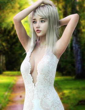 Portrait of a beautiful adorable Asian female posing outside wearing a white open front lace dress. 3d rendering