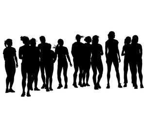 Group of young women in fashionable clothes are standing on the street. Isolated silhouettes on white background