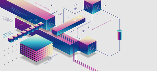 Artificial intelligence and robotic quantum computing processor isometric concept for business technology, engineering and innovations design. Eps10 vector illustration