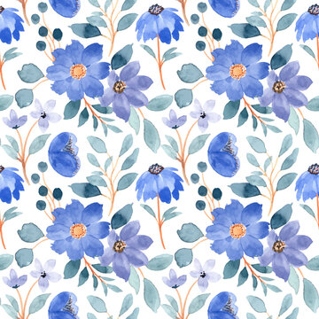 Blue floral seamless pattern with watercolor