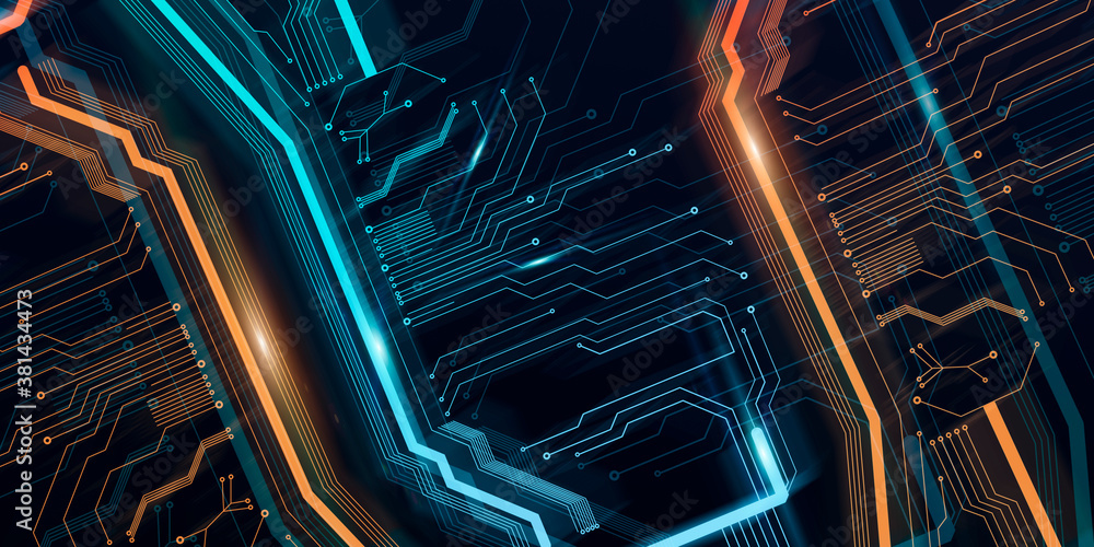 Aufkleber Futuristic Technological Background With Gloving Microcircuit Lines In Blue And Yellow Color
