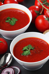 Two plates with gazpacho - traditional Spanish tomato soup