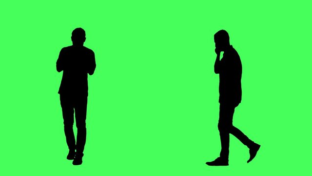 Silhouettes of walking man coughing and having flu. Front and side view. Full body on green screen chroma key background.