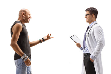 Bald man talking to a male doctor