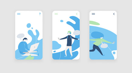 Mobile application screen page backgrounds set with geometric shapes and elements. User interface app templates collection. Eps10 vector.