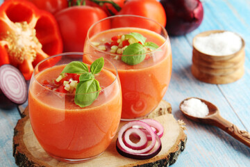 Cold Spanish soup Gazpacho served in glasses
