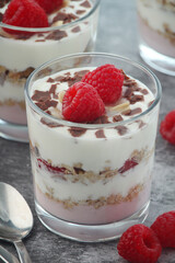 Granola with yogurt trifles with raspberry