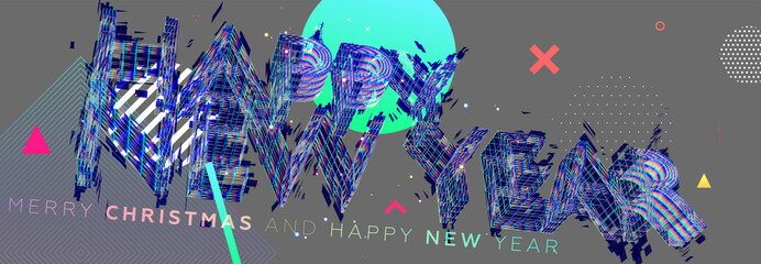 New Year holiday concept modern design with geometric 3d elements and 80s memphis bright style. Christmas techno party art with abstract shapes. Vector illustration