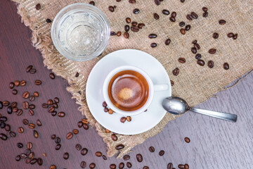 Delicious, aromatic and refreshing espresso with coffee beans and water